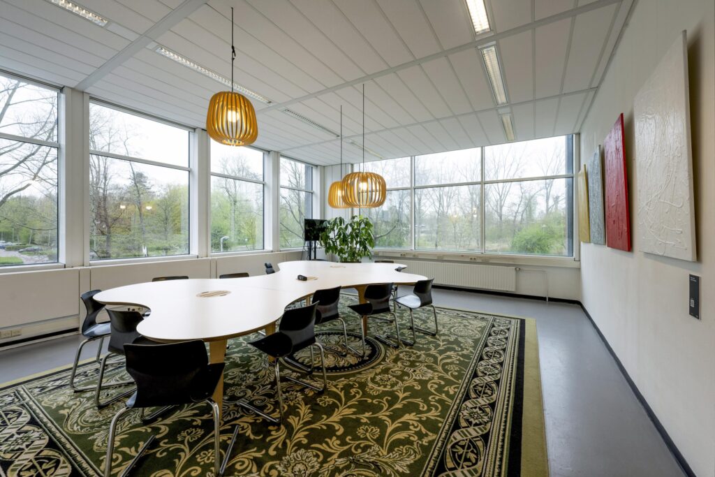Modern meeting room at Laan van Kronenburg with large windows, abstract wall art, and a distinctive conference table on a decorative carpet.